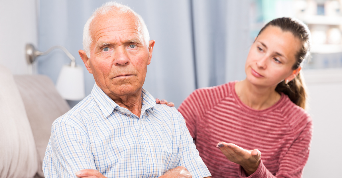 Home quarrel adult daughter and elderly father. High quality photo