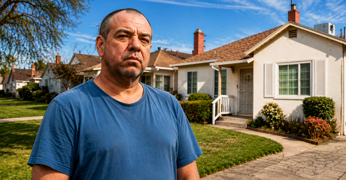 Composite image of middle-aged man standing outside a suburban home with a serious expression