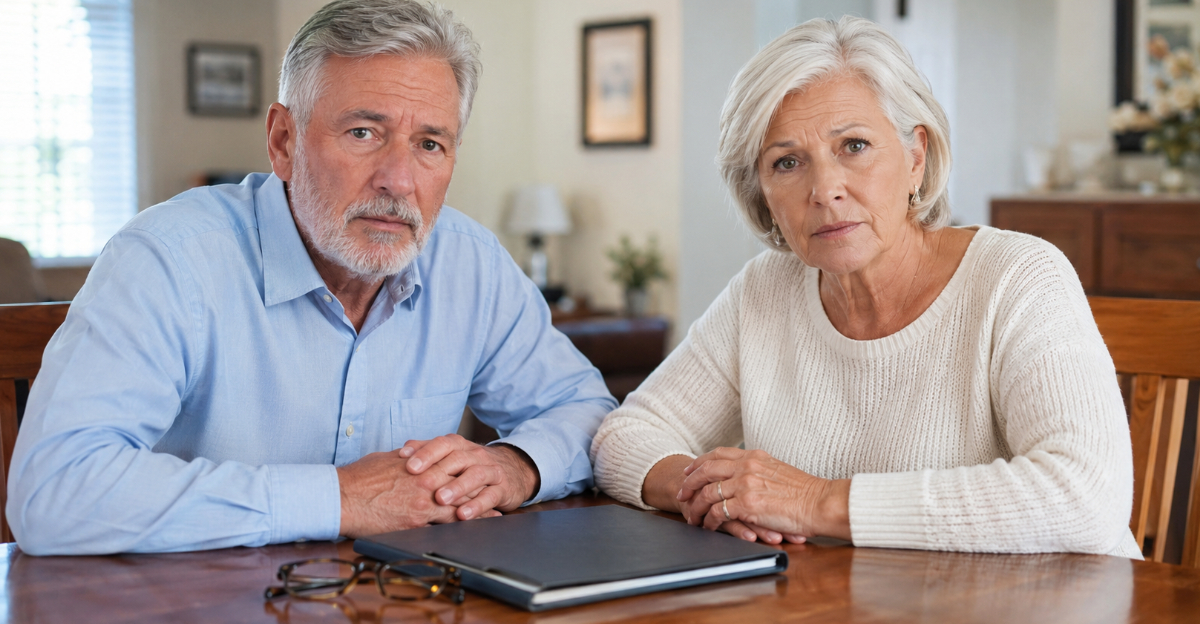 older couple sitting at table looking at camera