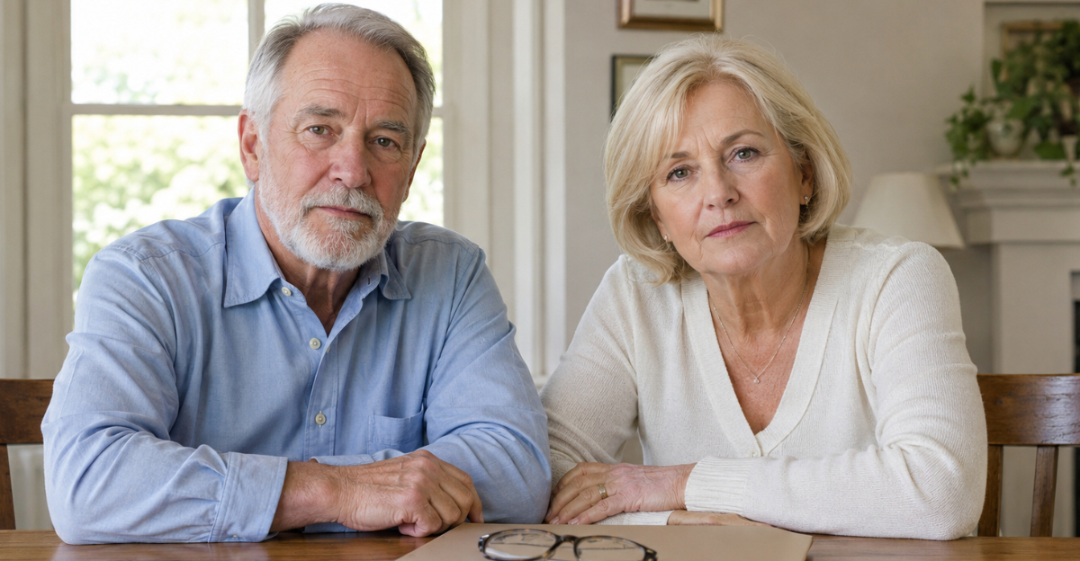 Older boomer couple looking at camera