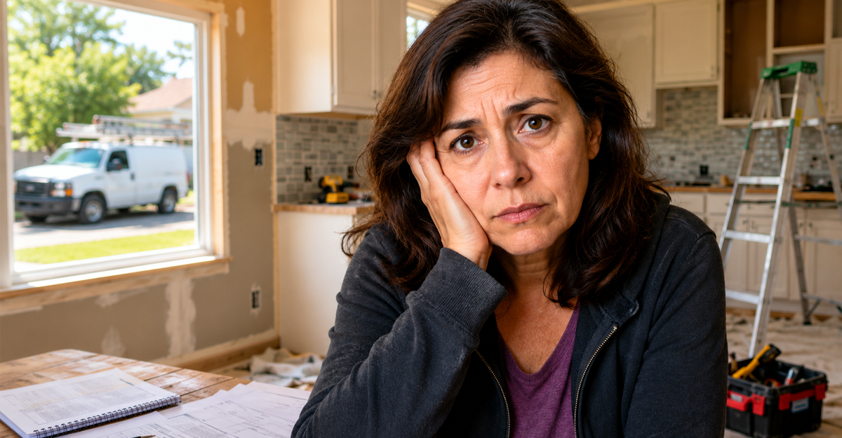 AI-generated image of a concerned woman sitting in a partially renovated home with construction work in progress