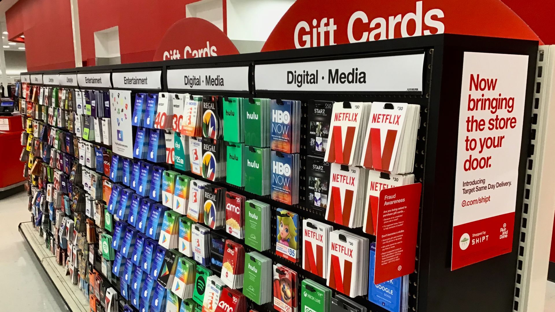 Target Gift Cards Display, Fraud Warning Sign, Pics by Mike Mozart <a href=