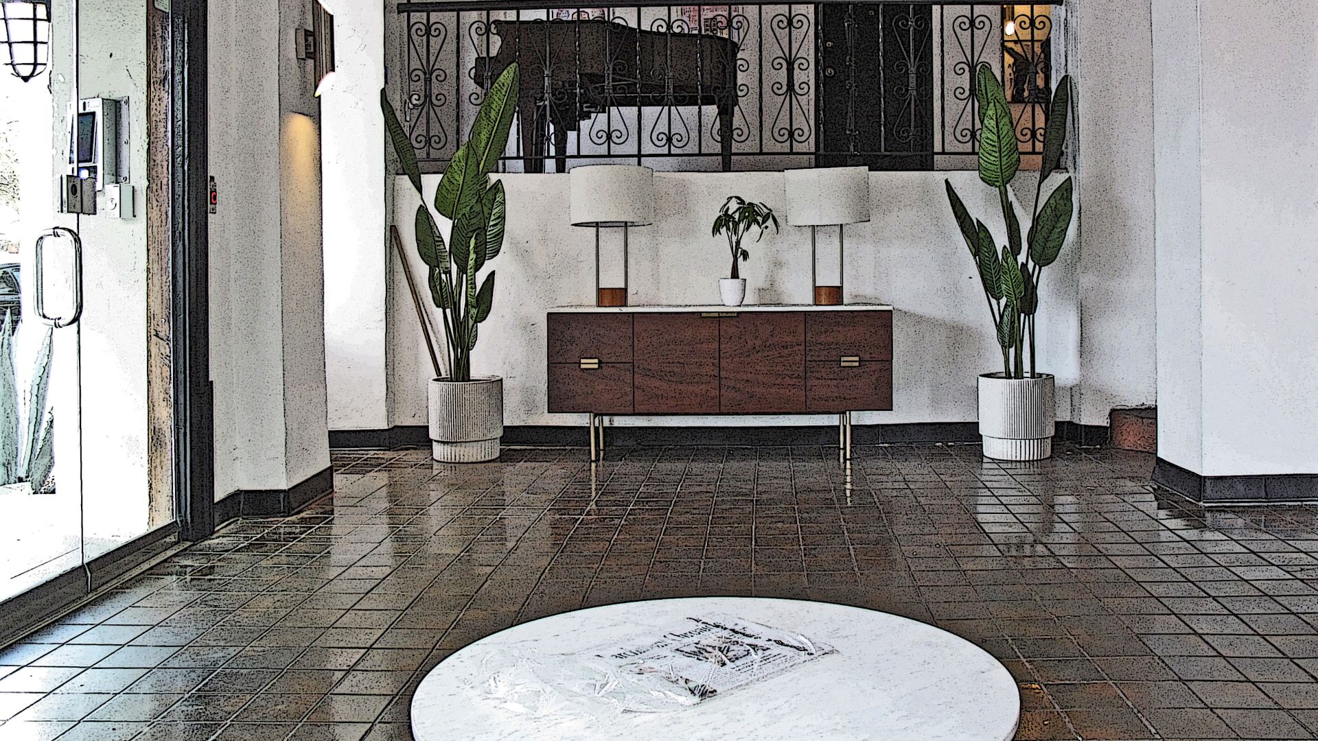 Posterized apartment lobby,  Gramercy Towers Apartments, 160 S Gramercy Pl, Los Angeles