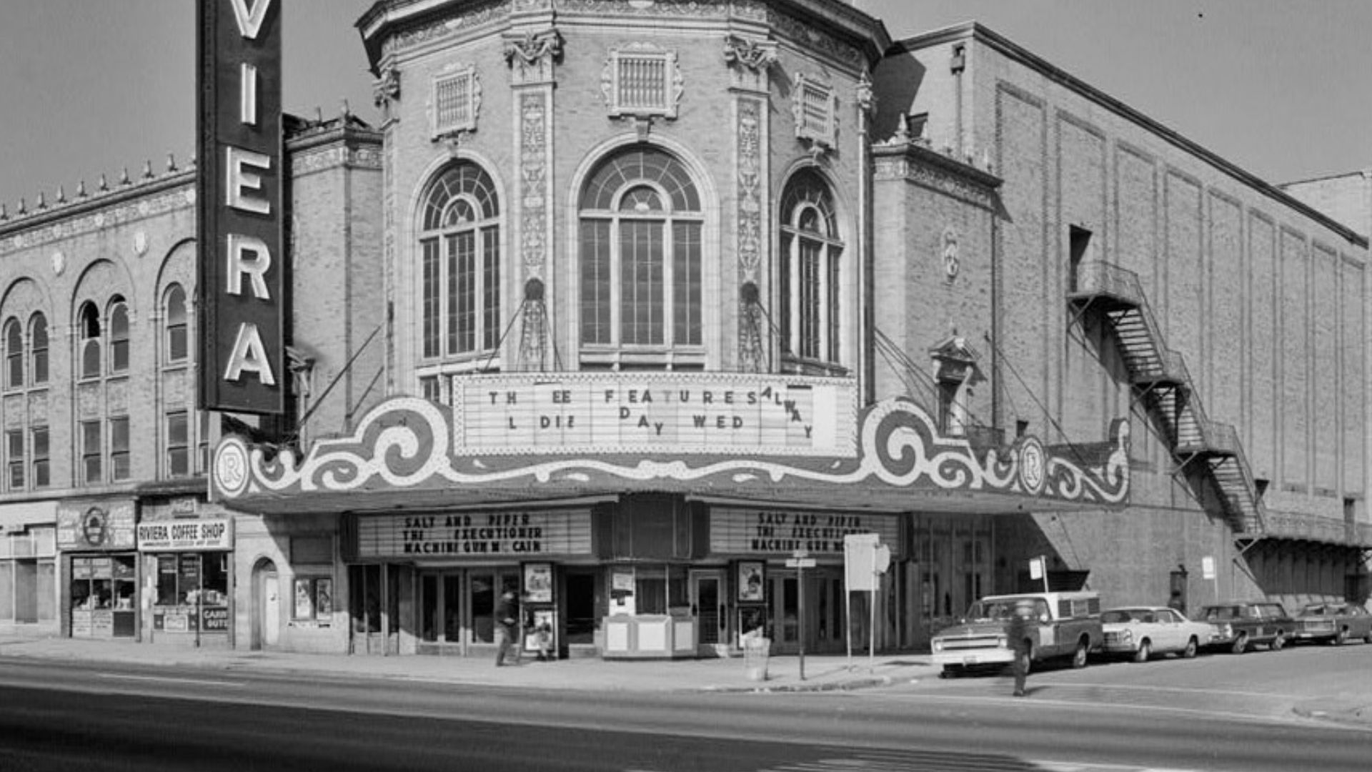Grand Riviera Theatre — a former movie palace in Detroit, Michigan.
The three films listed are Salt and Pepper (1968), The Executioner (1970), and Machine Gun McCain (American title for the Italian film Gli intoccabili (1968)).
The Italian Renaissance Rev