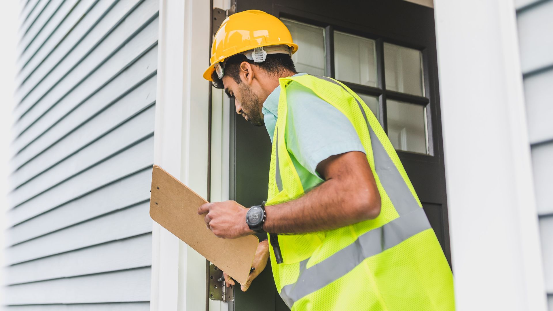 A male inspector in a hard hat conducts a property inspection outdoors with a clipboard.