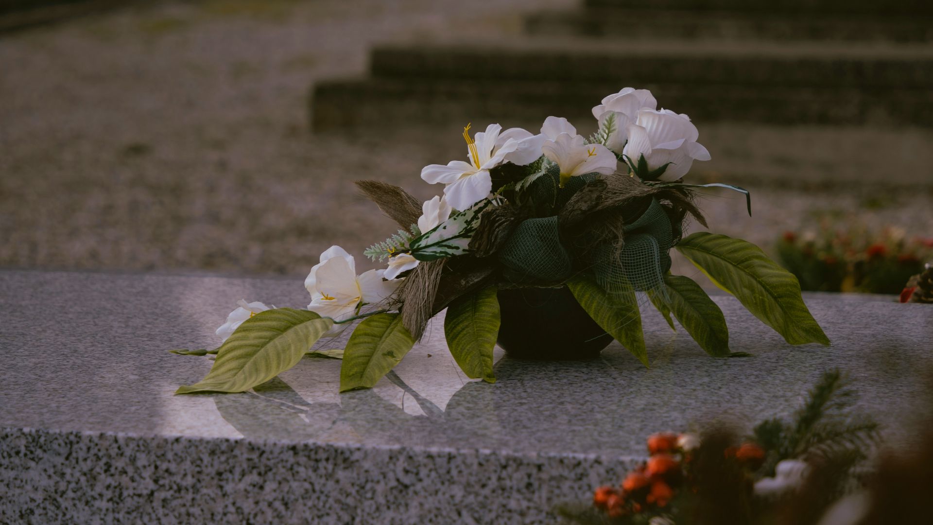a vase with white flowers sitting on top of a cement slab