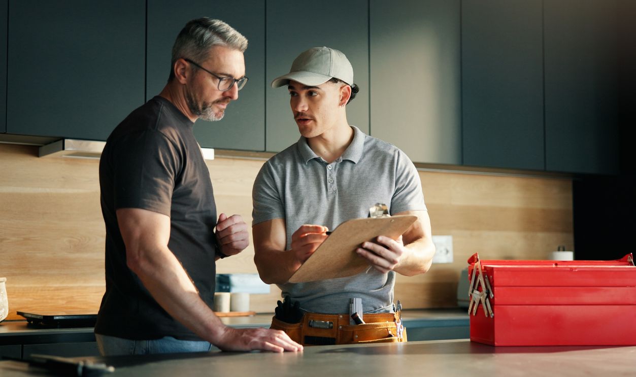 Plumber, talk and man with clipboard at house for inspection, plumbing evaluation or report. People, toolbox and explain checklist for home maintenance, diagnostic notes and service costs of repairs