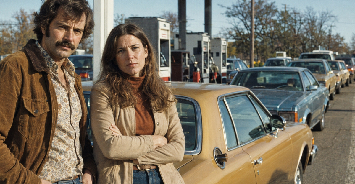 1970s gas lines, couple looking at camera