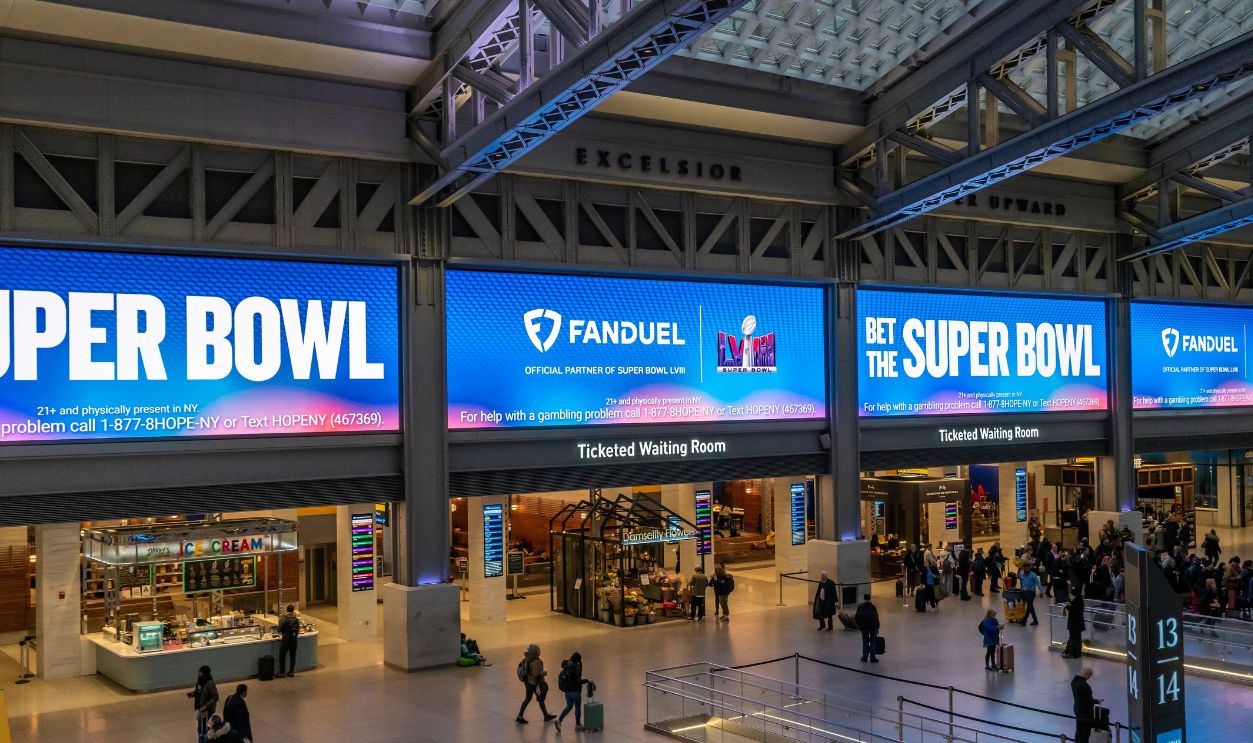 New York NY USA-January 30, 2024 Advertising for FanDuel, online sports gambling, in the Moynihan Train Hall of Pennsylvania Station in prior to the Super Bowl
