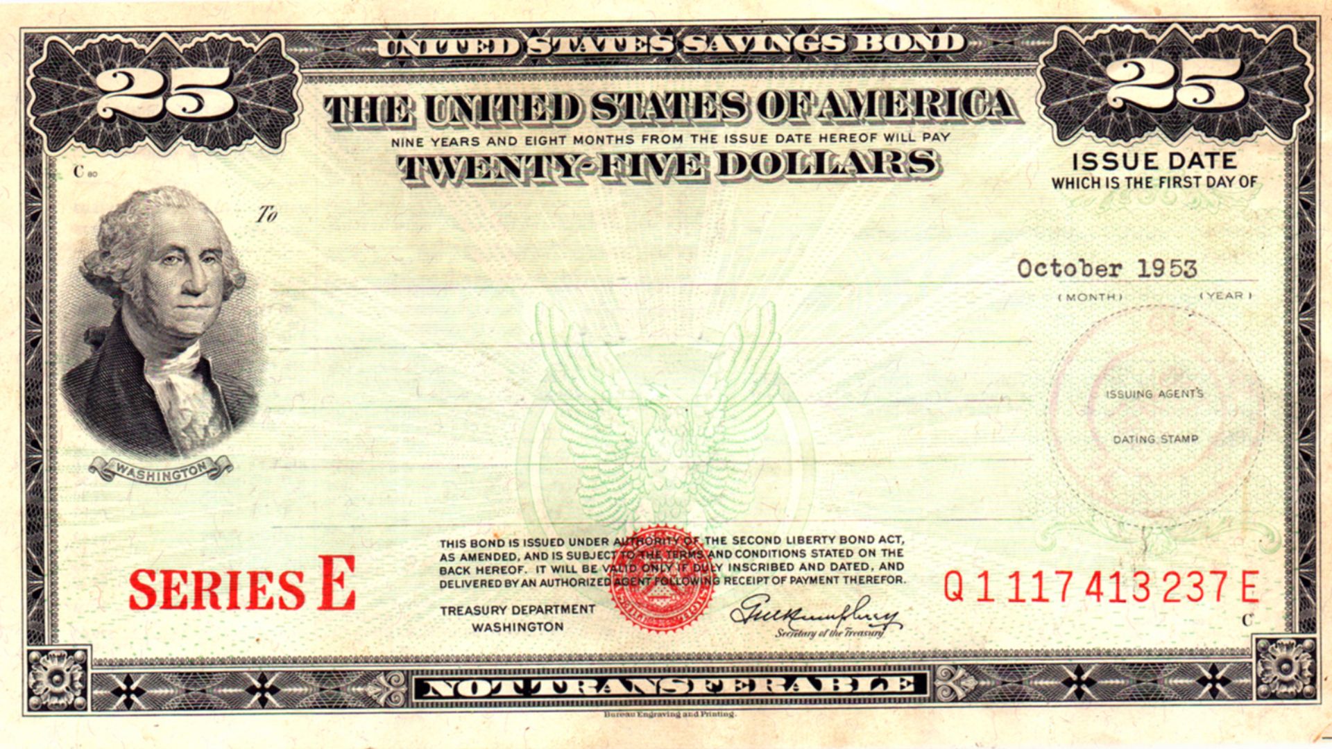 $25 Series E Post WWII US Savings Bond and strip of 10¢ rose red US Savings Stamps (1953).