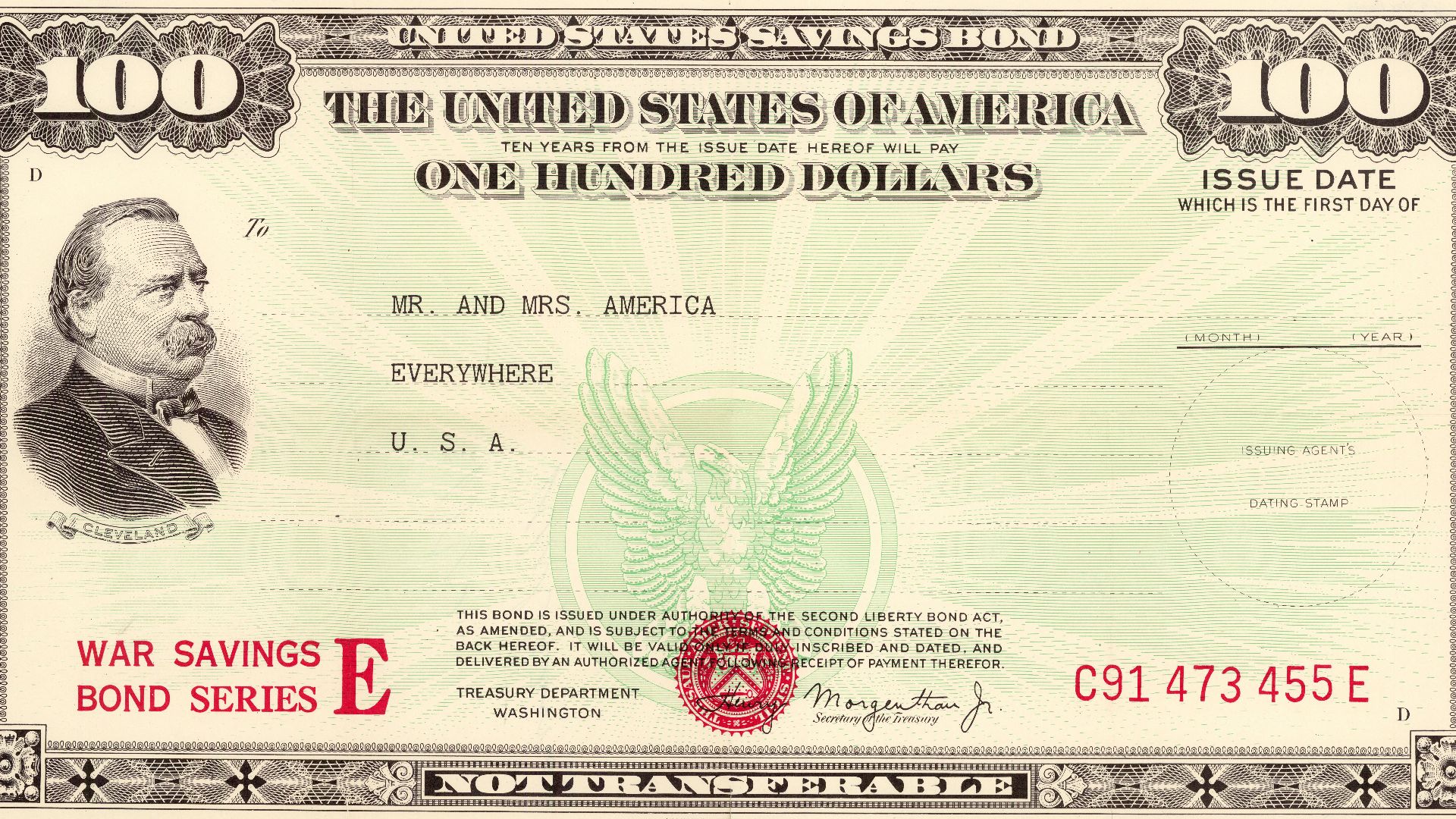A blown up image of a $100 US Savings Bond, featuring Grover Cleveland. It is addressed to Mr. and Mrs. America, Everywhere, USA. 1944-O-610929.