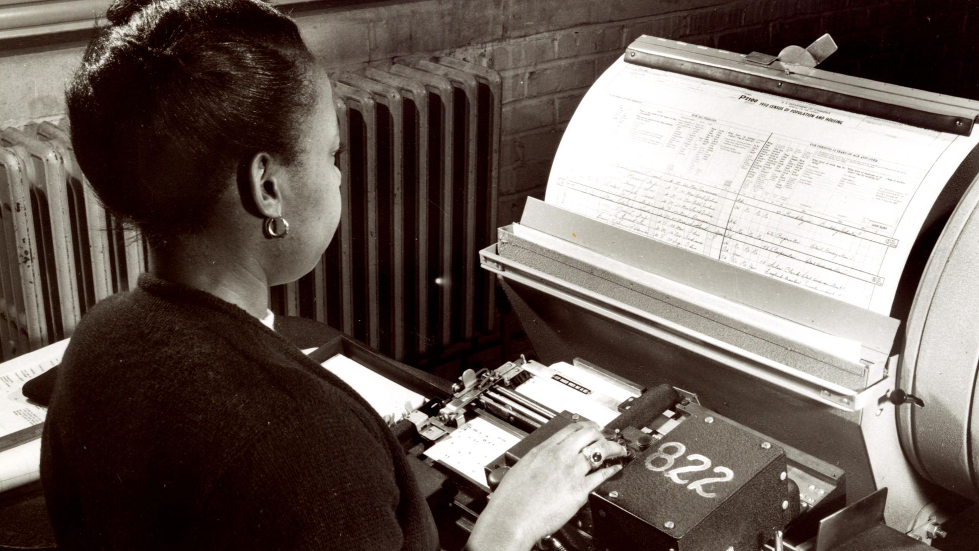A clerk employee creates punch cards containing data from the 1950 Census. The Census Bureau initially tabulated the 1950 Census using punch cards and electronic tabulators reminiscent of those developed by Herman Hollerith prior to the 1890 Census. After