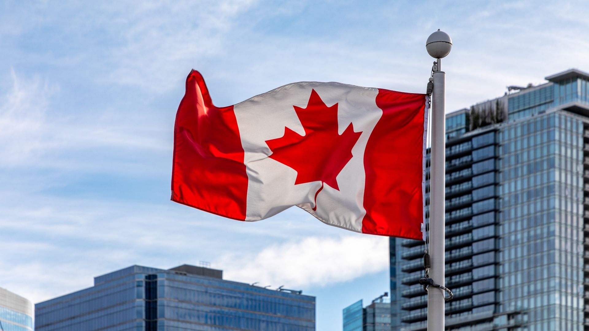 National flag of Canada on Canada Place in Vancouver, British Columbia, Canada