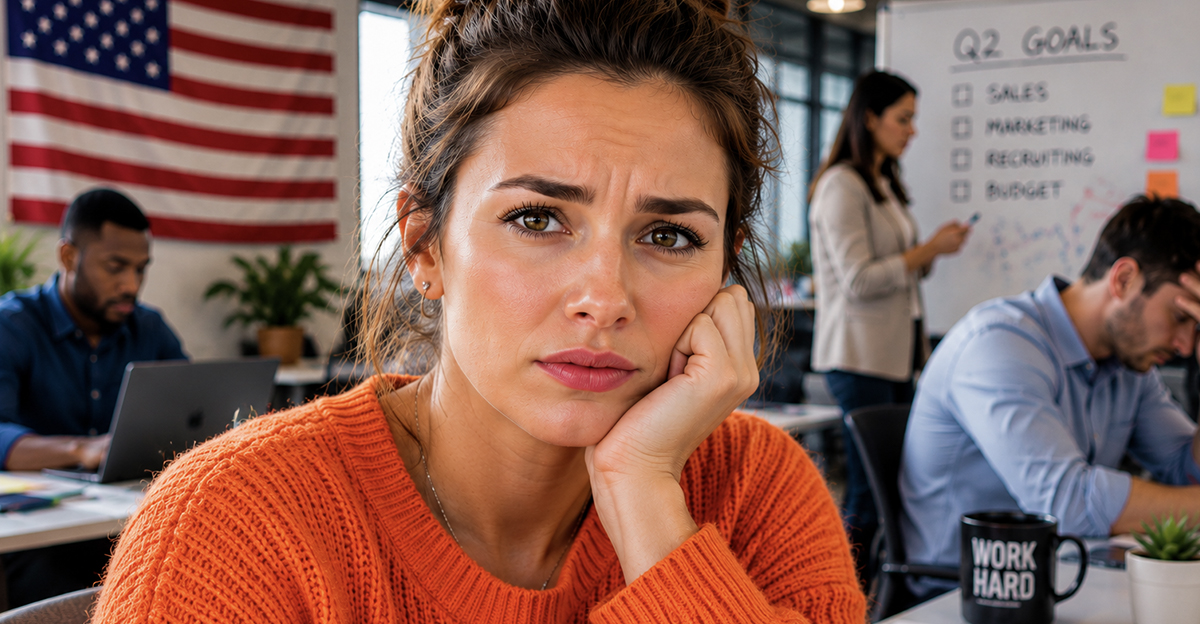 An uneasy woman sitting in an office