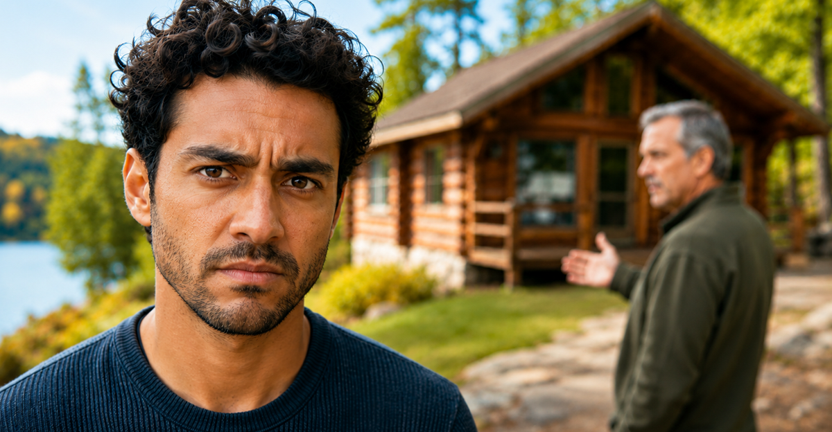 AI-generated image of man standing in front of cabin