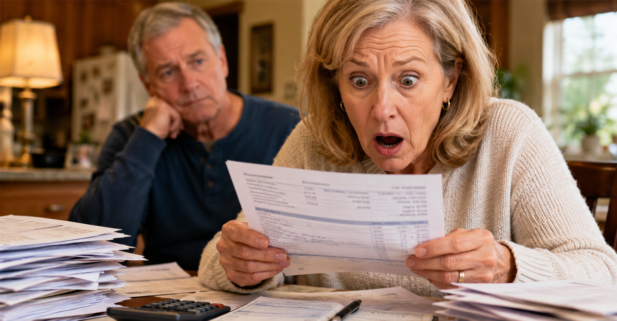 older couple sharing finances, surprised