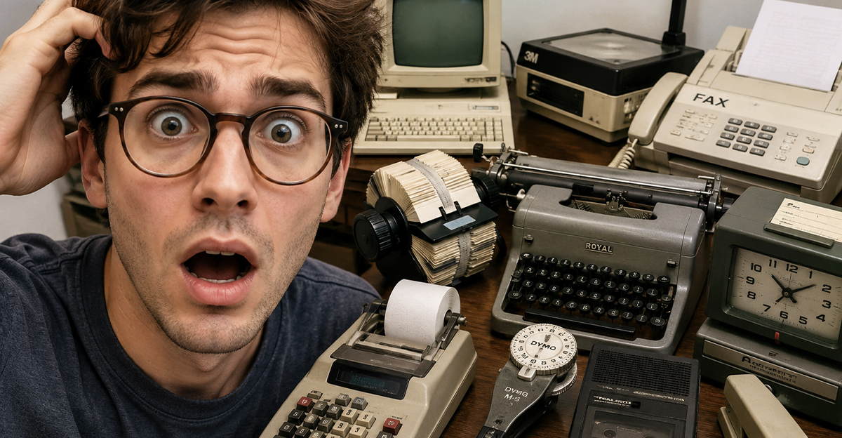 Man with glasses and office equipment