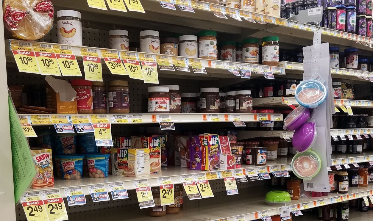 Chicago, IL March 13, 2020, empty grocery store shelves peanut butter and jelly, Jewel Osco during Covid-19, Coronavirus pandemic