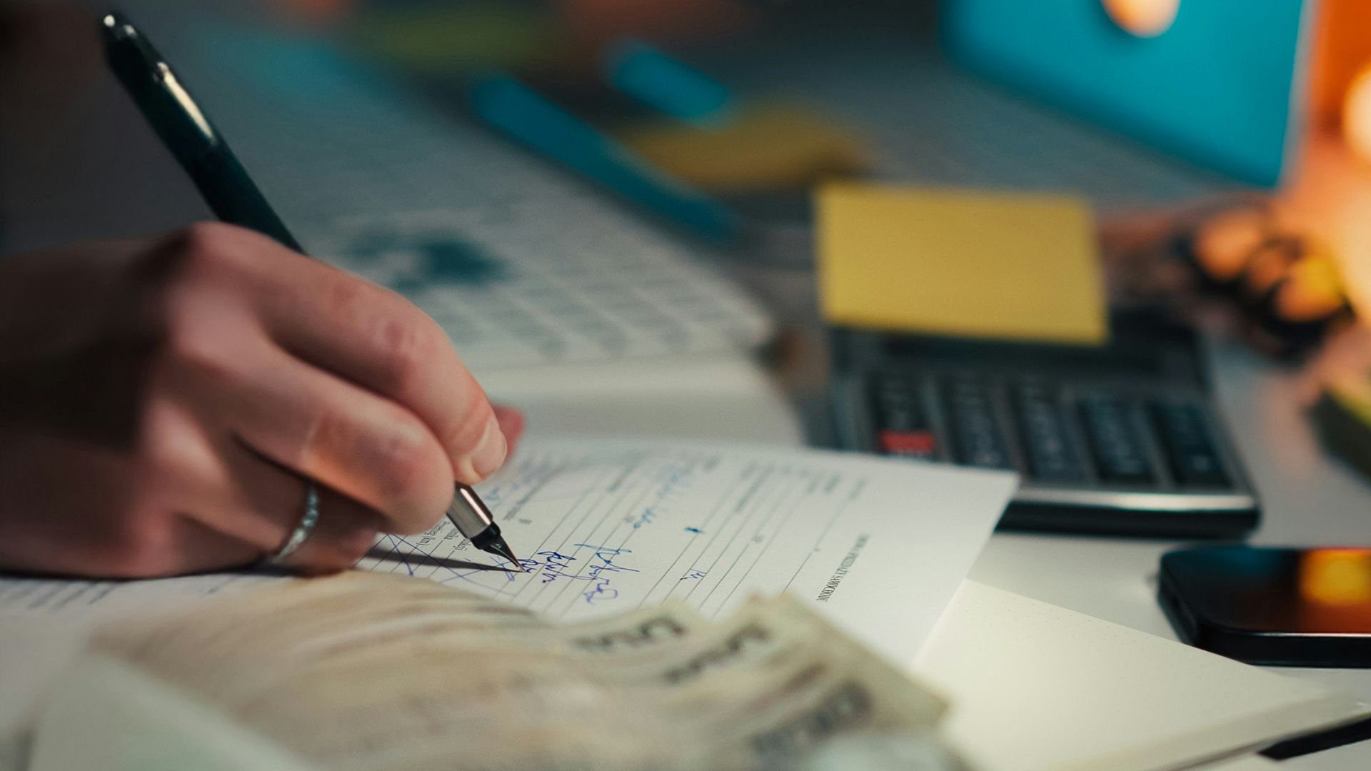 Hand writing in notebook with calculator and cash.
