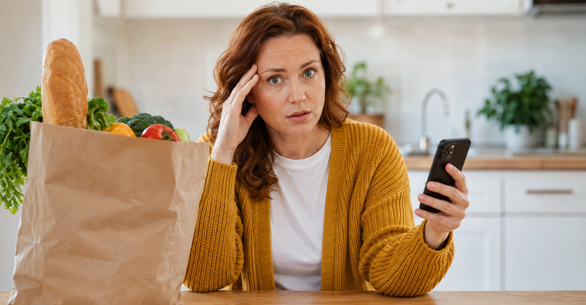 AI-generated image of a concerned woman holding a smartphone beside a bag of groceries in a kitchen