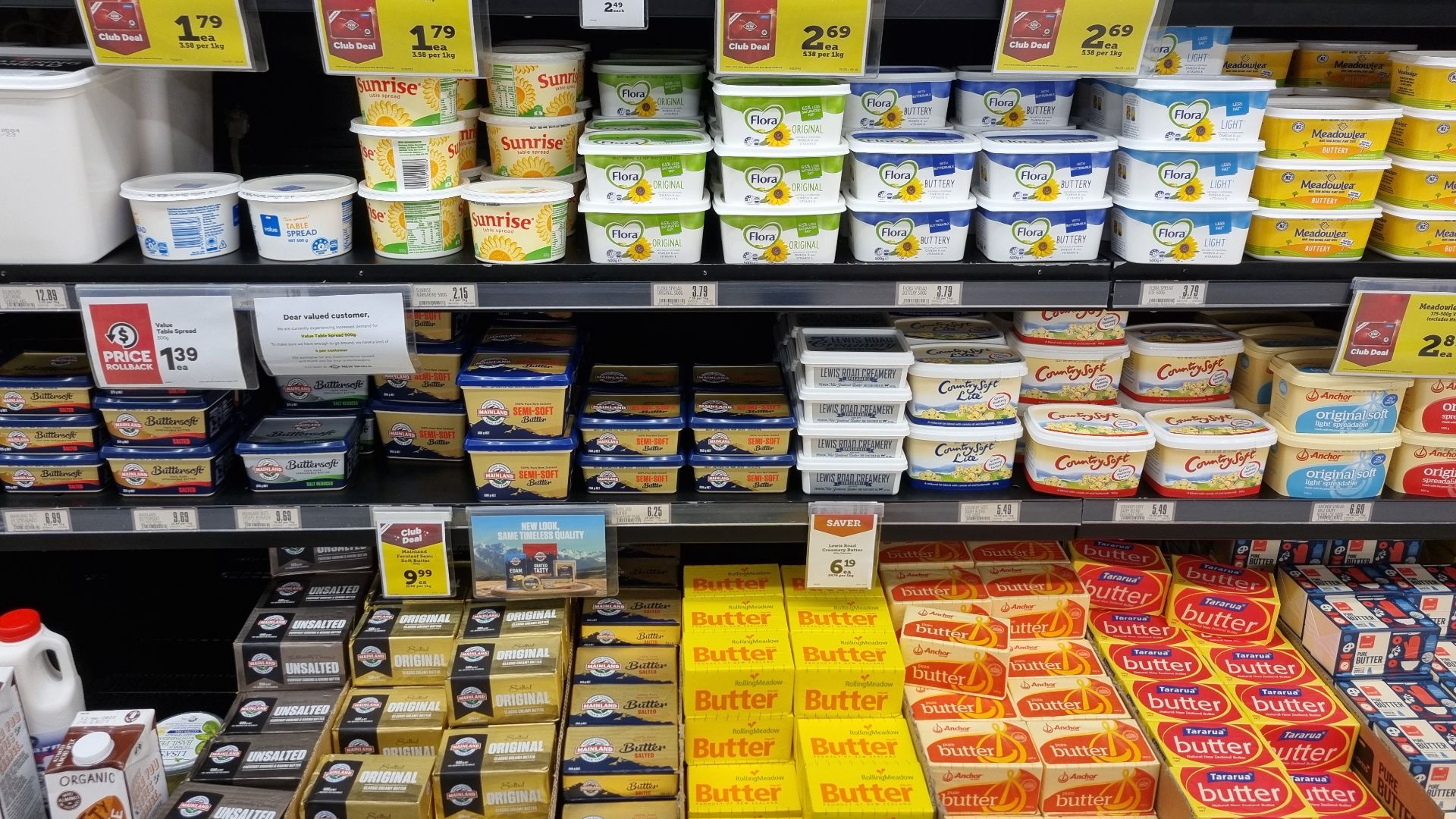 Butter and margarine for sale in New Zealand supermarket