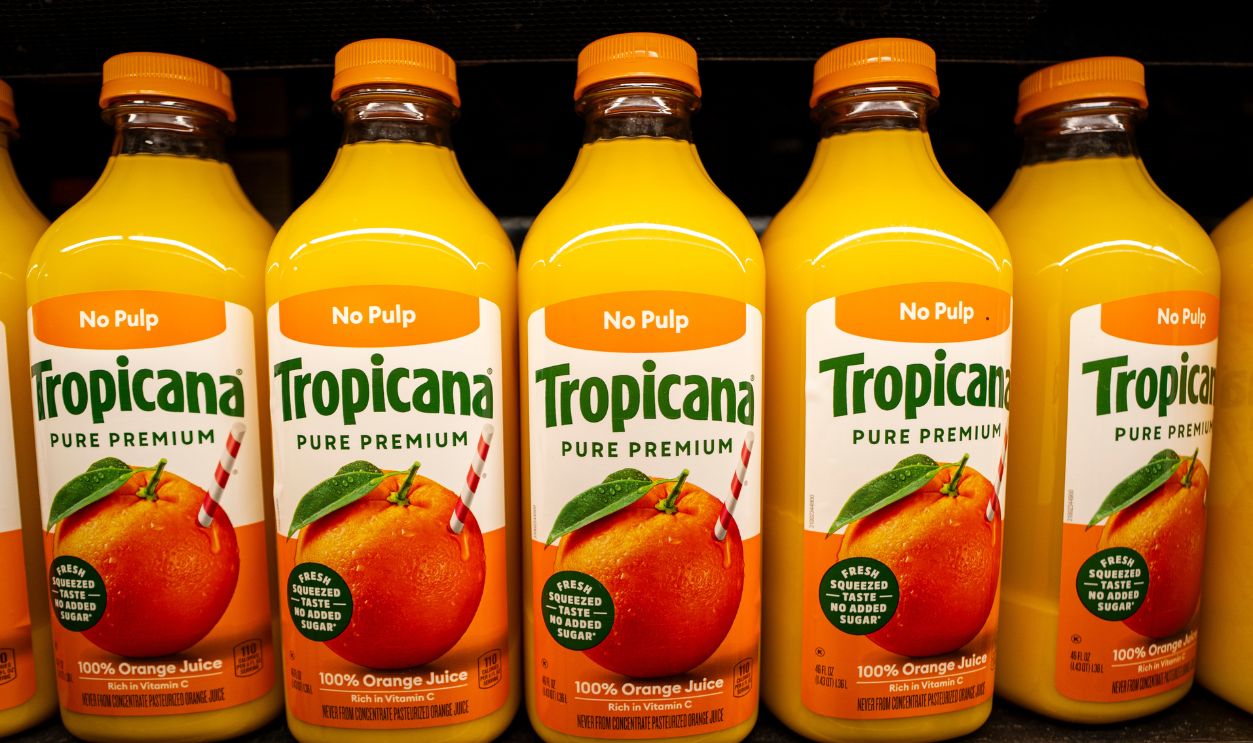 Tropicana orange juice for sale at a grocery store on January 23, 2026 in Washington, DC. Tropicana Brands Group was a subsidiary of PepsiCo. from 1998-2021, but was sold to French investment fund PAI Partners in August 2021.
