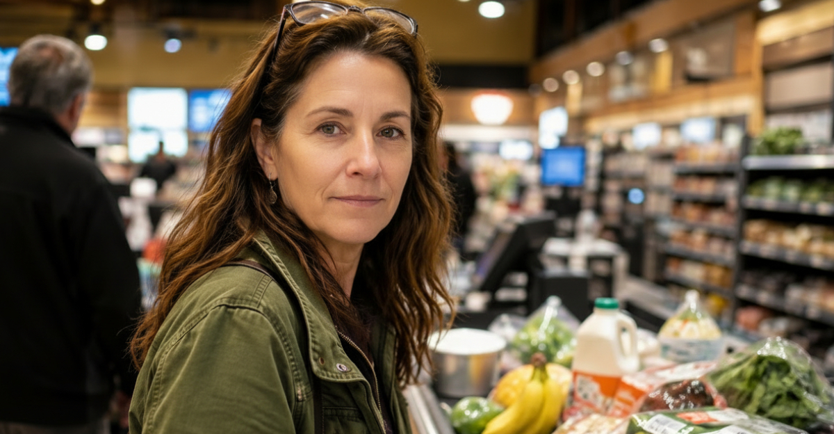 woman looking at camera standing in grocery checkout line