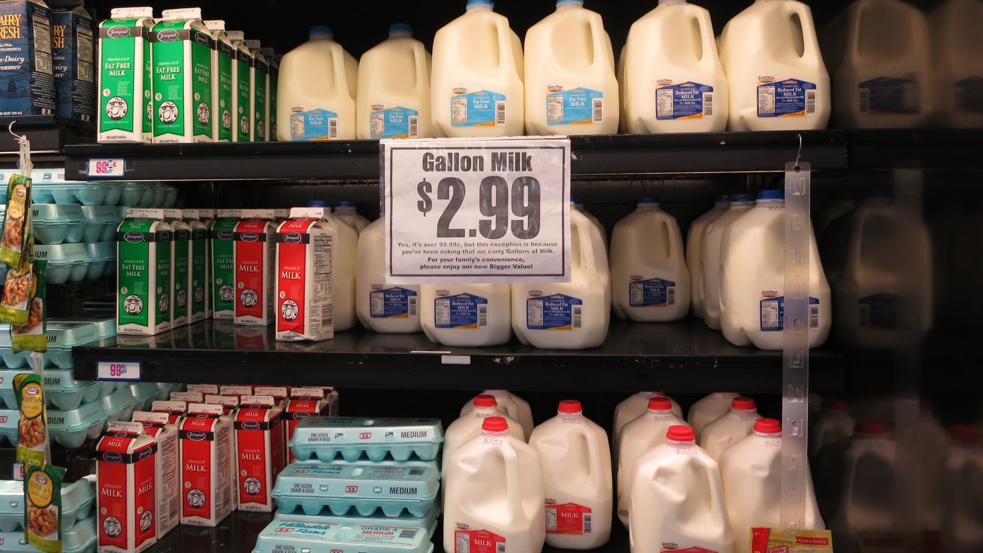 This was the only item I found in the 99 cents only store that was not in fact 99 cents only. These gallon milk jugs were $2.99 each. Apparently breaking their 99 cent oath was a big enough deal that they put up a sign apologizing for it. It reads: