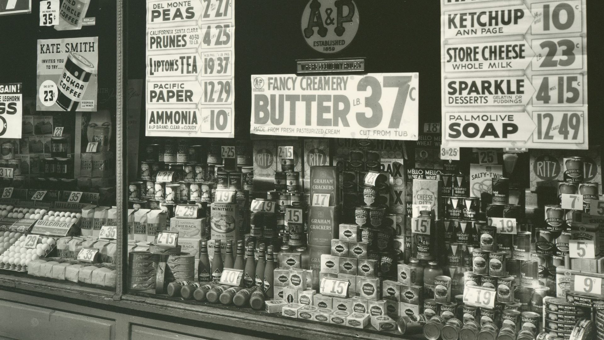 black and white image of store window