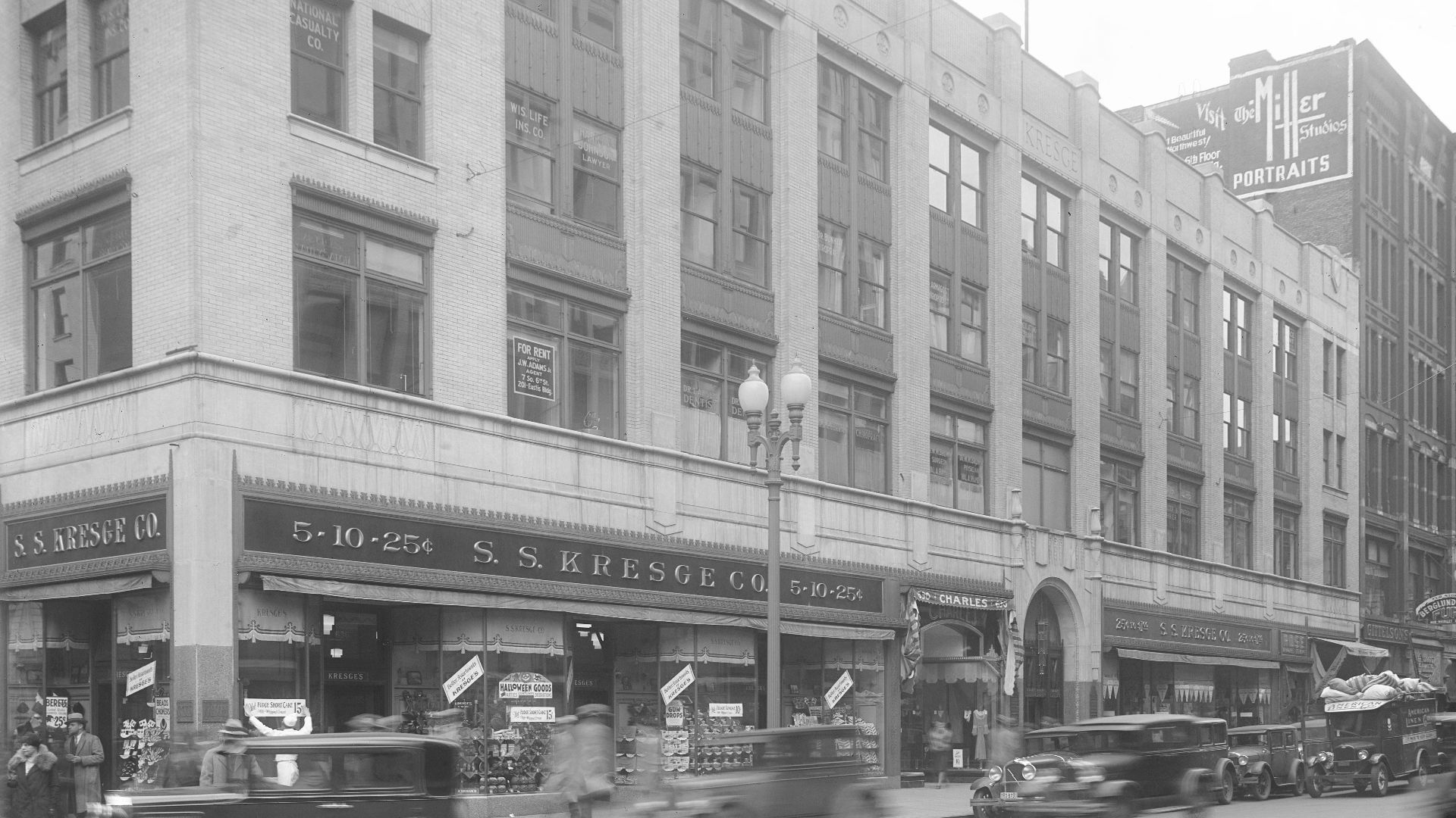 Halloween goods are on special at Kresge's. Note American Linen Company at right. Kresge's became Kmart in 1977