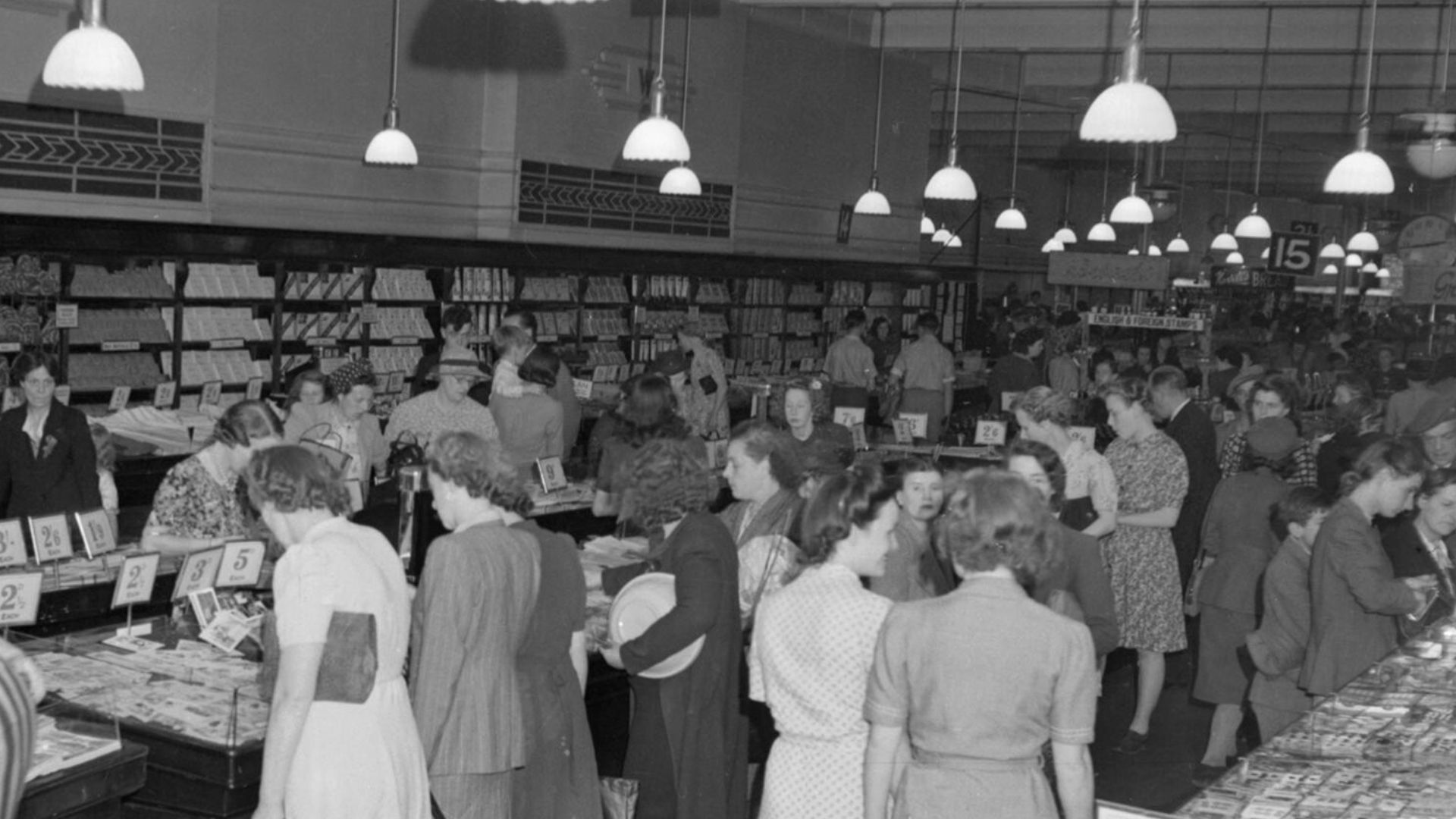 A Picture of a Southern Town- Life in Wartime Reading, Berkshire, England, UK, 1945
A general view of shoppers in the busy Woolworth's store on Broad Street in Reading.