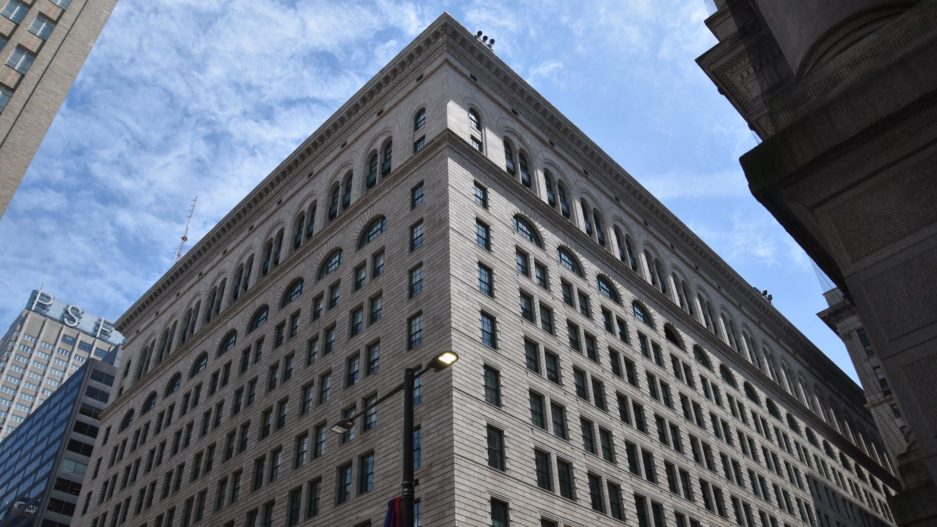 The exterior of the Wanamaker Building, Philadelphia, seen from street level.