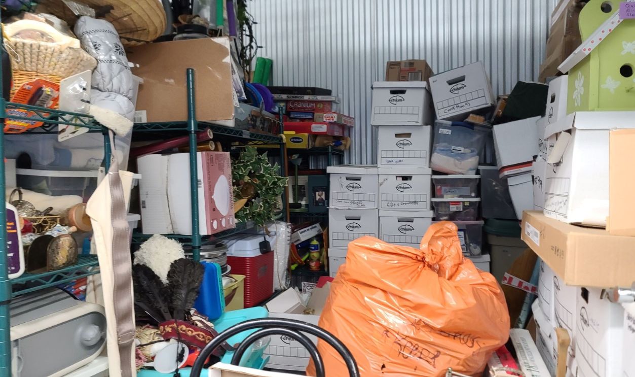 Chester, NS, CAN, January 28, 2023 - Loads of items piled high in a packed full storage locker.
