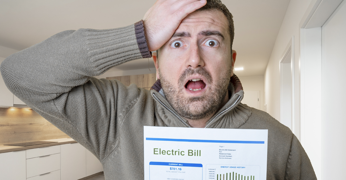Shocked man reading some bills energy expenses isolated on yellow background