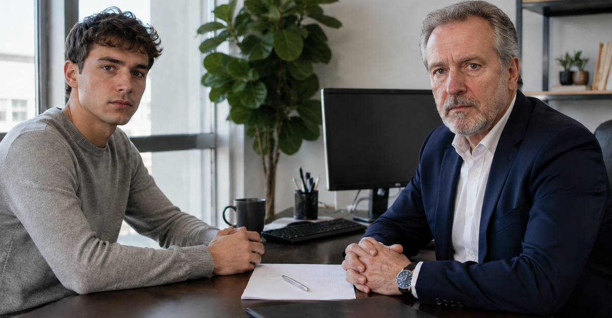 Boss and employee sitting in office looking at camera