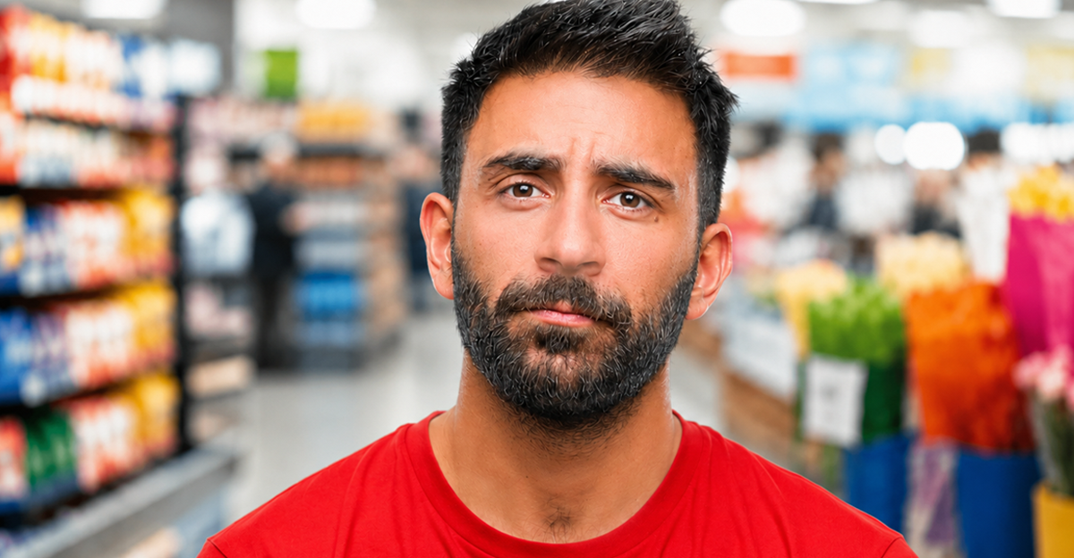 Frustrated man wearing red shirt in grocery store