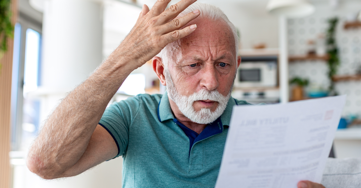 Worried senior man reading utility bill and using laptop at home.