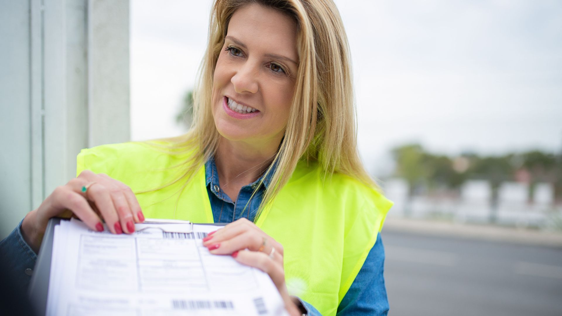 Blonde woman in a reflective vest delivering documents outdoors in Portugal.