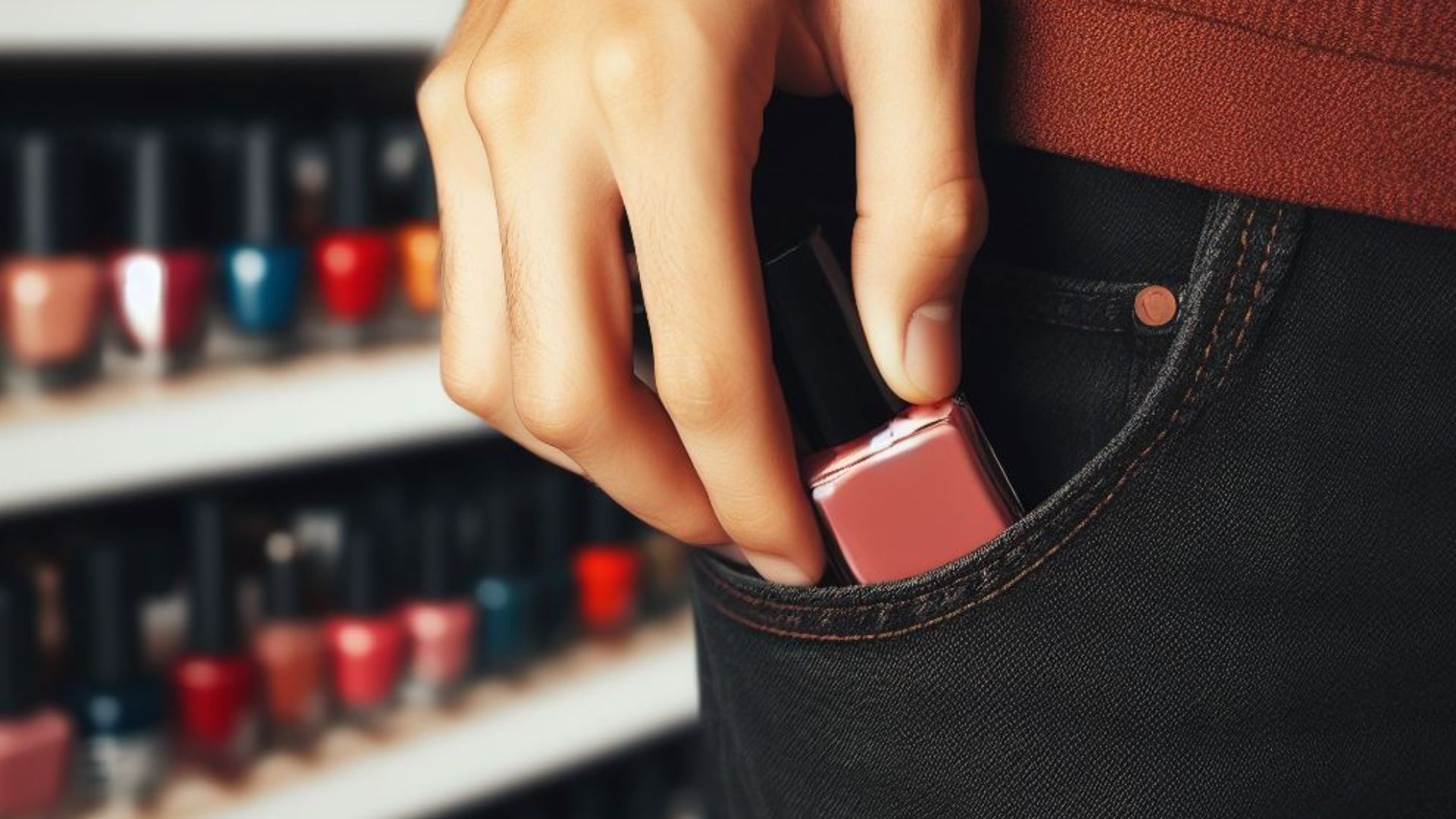 Closeup of shoplifting nail polish at a store. Created using Bing Image Creator (Dalle 3). Prompt: a person's hand putting a nail polish bottle in their pocket, blurry filled shelves in background, closeup on hand and pocket