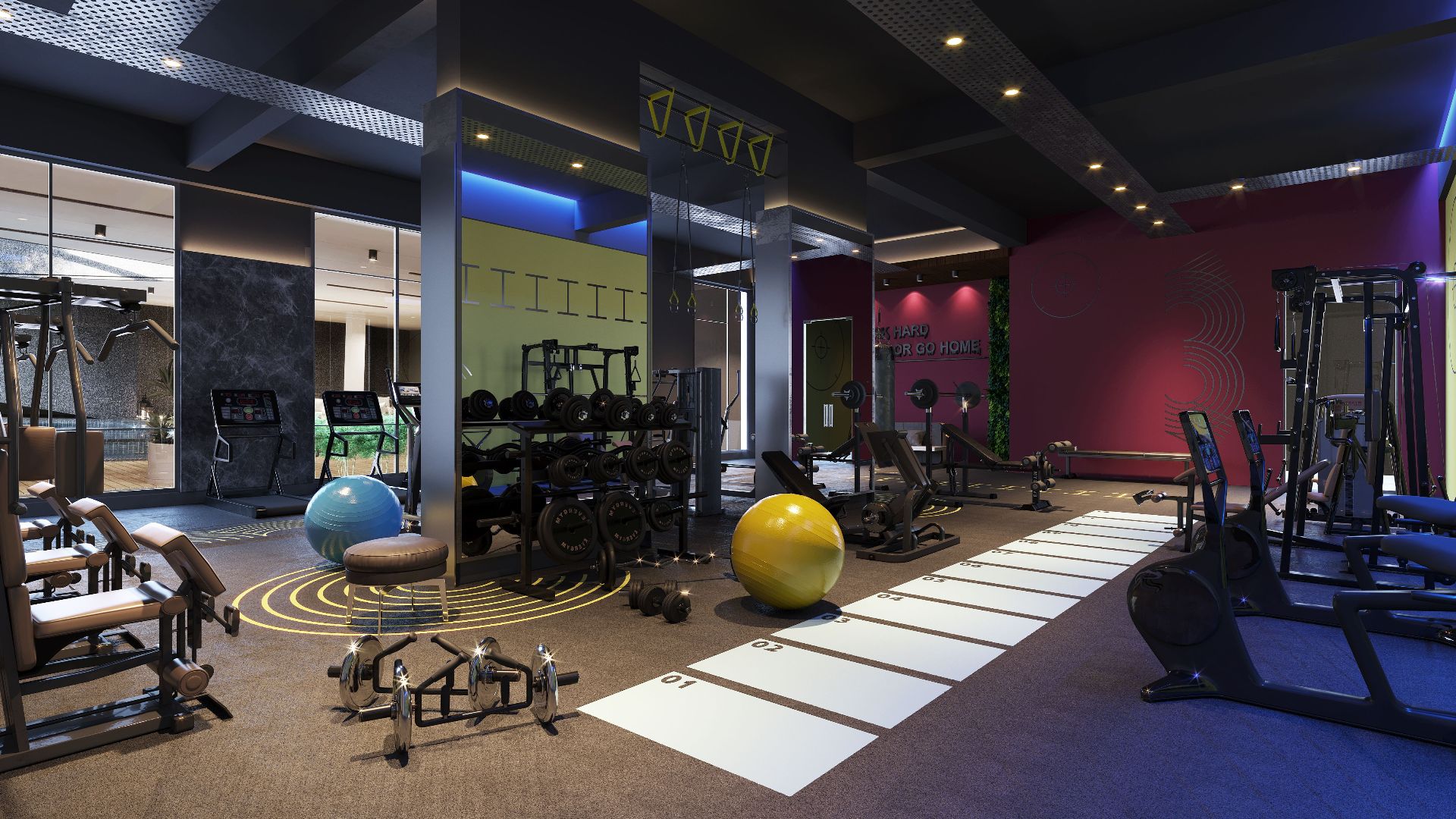 Spacious gym interior showcasing equipment for exercise and fitness training.