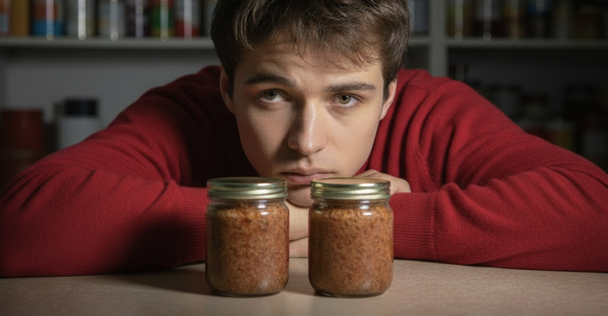 Sad young man looking at jars of potted meat.