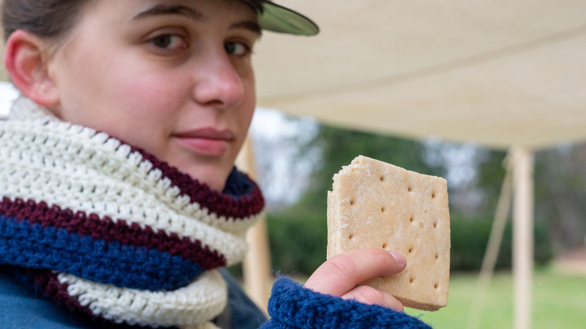 A Civil War living historian dressed as a Union soldier shows a piece of hardtack.
Living historian volunteer displays hardtack. Taken during Battle of Fredericksburg 160th Anniversary Programming.
Keywords: battle of fredericksburg; fredericksburg annive