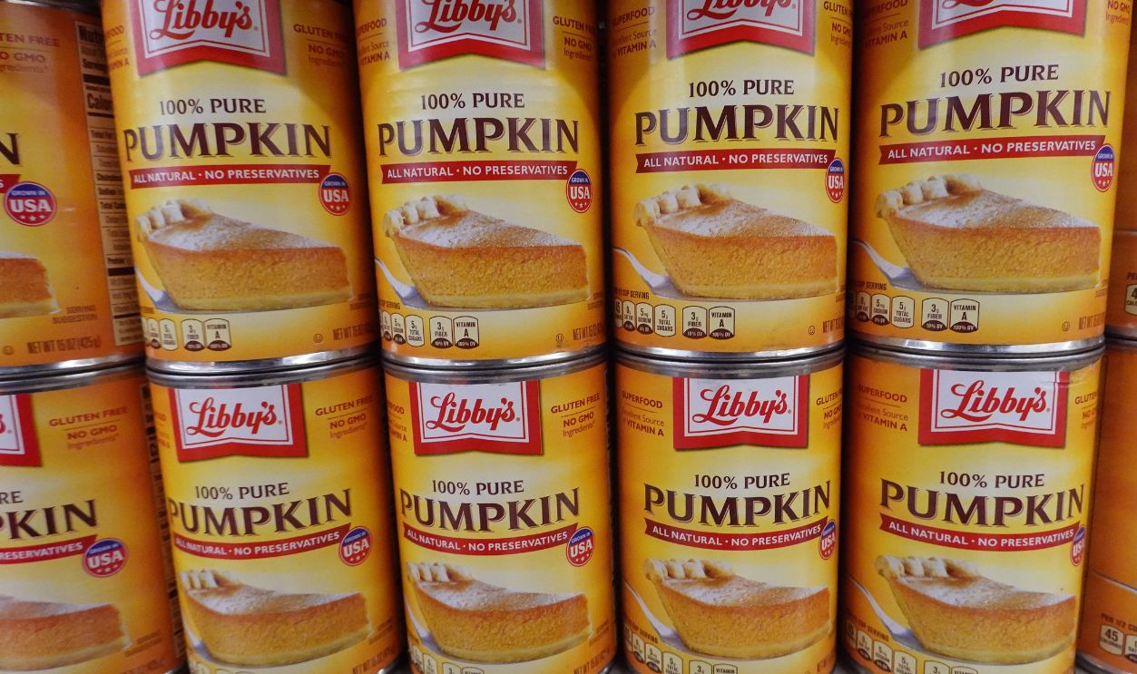 Cans of pumpkin pie filling are offered for sale at a grocery store ahead of the Thanksgiving Holiday on November 20, 2023 in Chicago, Illinois. The average cost of this year's Thanksgiving dinner for a table of ten people will be $61.17, about 4.5% less than last year.