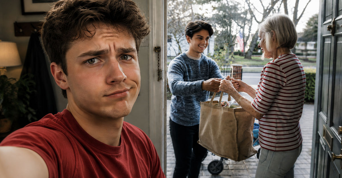 Teenage boy is delivering some groceries to an elderly woman.