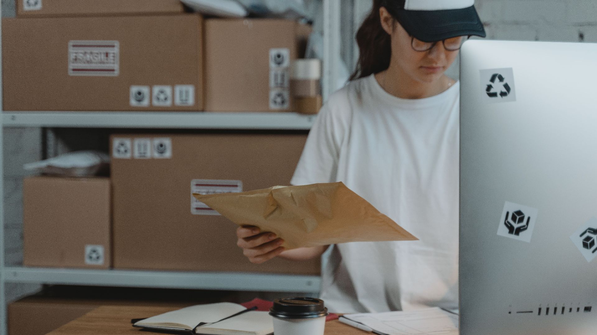 Woman sorting parcels at her desk in a logistics office, demonstrating efficient workspace organization.