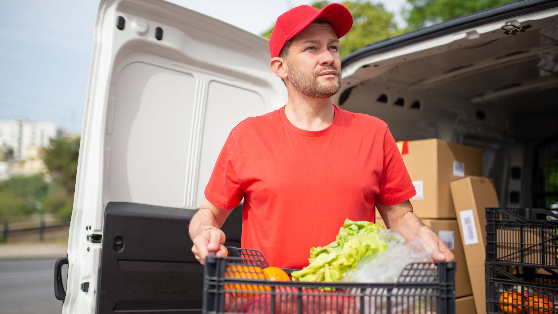 Man delivering groceries from van in sunny Portugal, showcasing fresh produce.