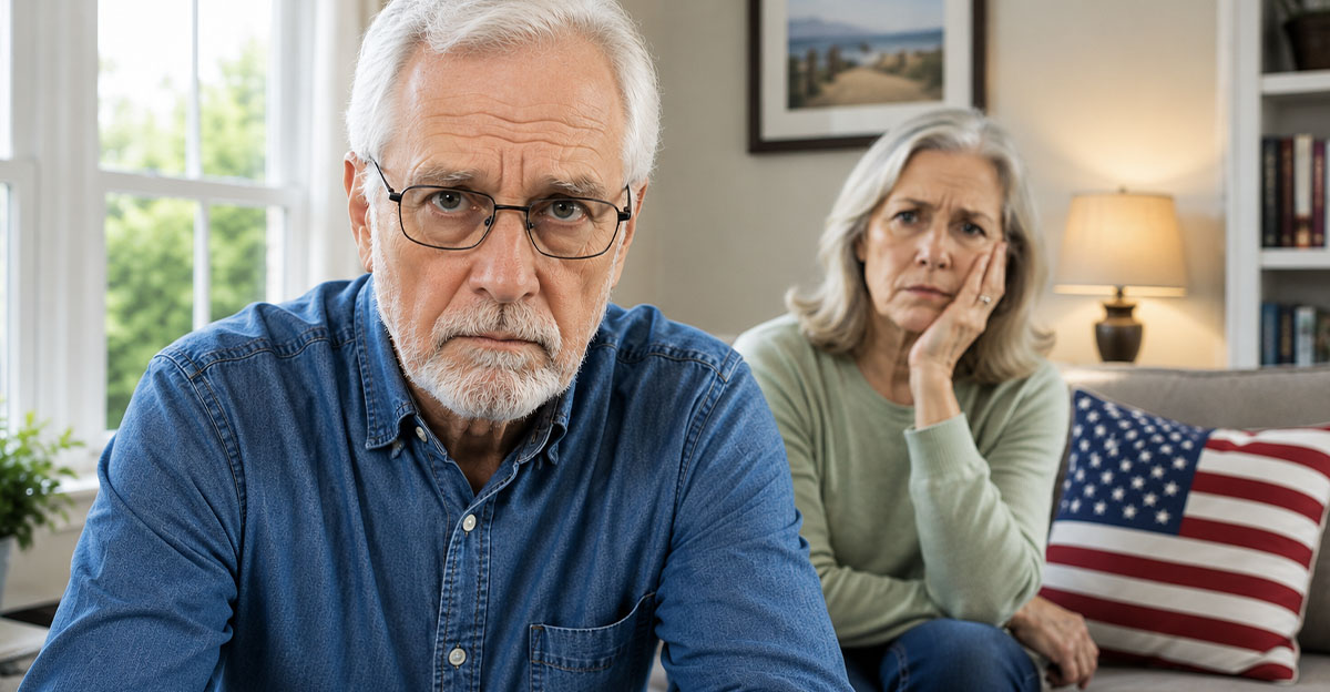 Disappointed elderly man with a woman in the background