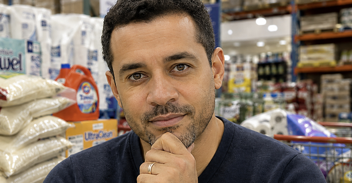 A man shopping for bulk purchases, looking directly at the viewer.