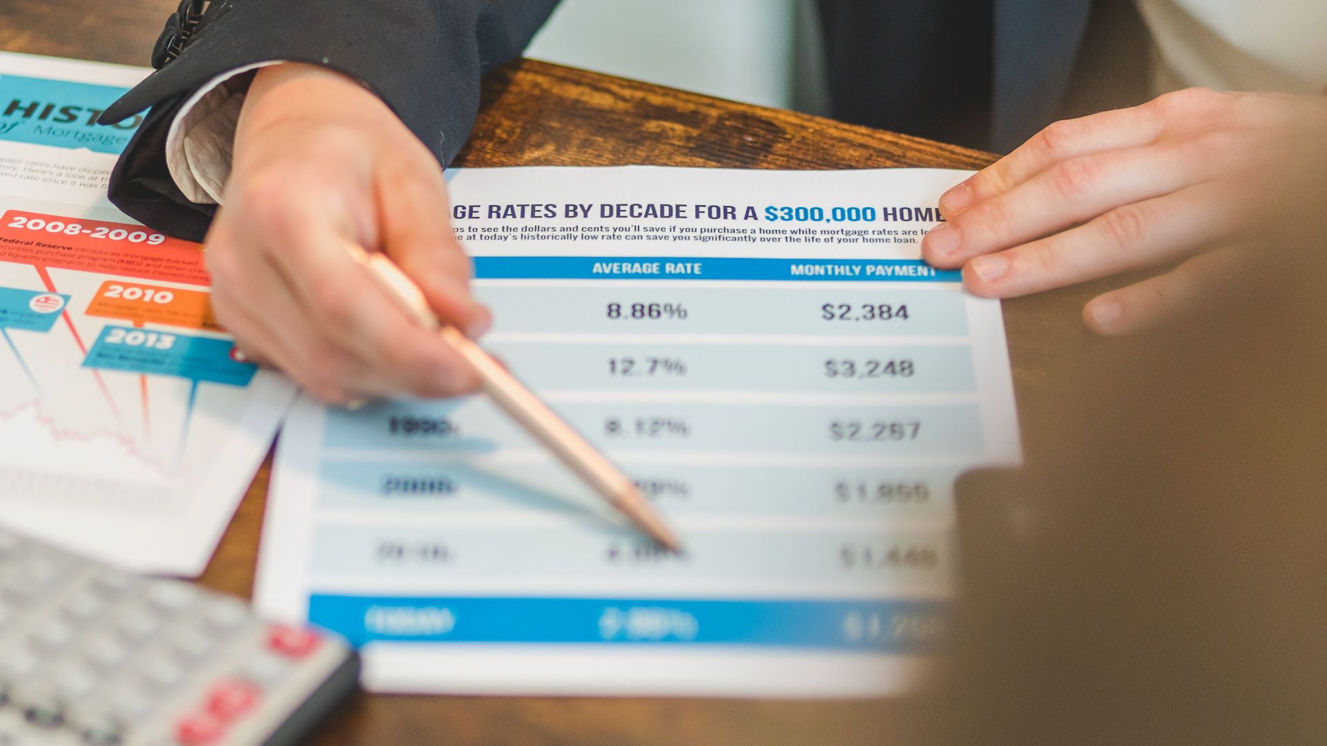 A close-up of hands analyzing mortgage rate documents with a pen and calculator in a business setting.