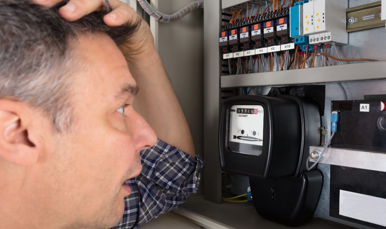 Close-up Of A Shocked Man Looking At Electricity Meter